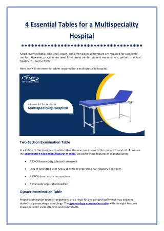 Essential Tables for a Multispeciality Hospital