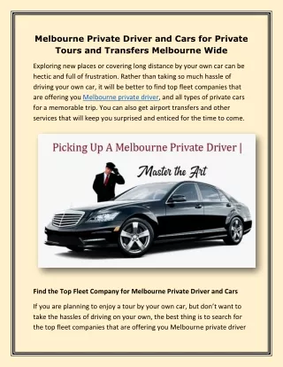 Melbourne Private Driver and Cars for Private Tours and Transfers Melbourne Wide