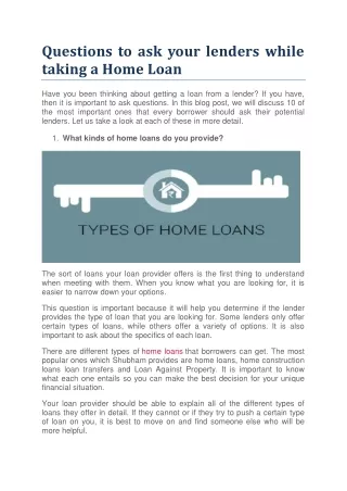 Questions to ask your lenders while taking a Home Loan