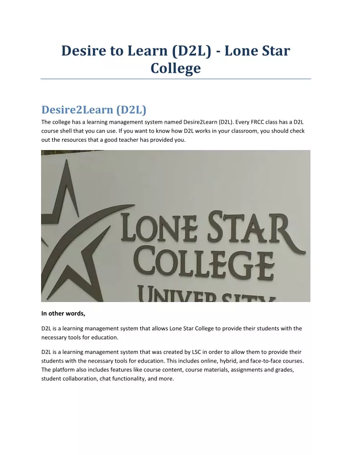 desire to learn d2l lone star college