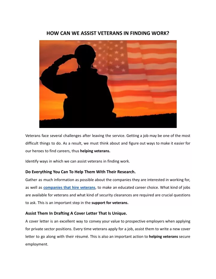 how can we assist veterans in finding work