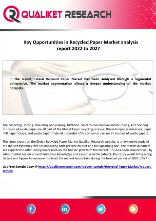 Key Opportunities in Recycled Paper Market analysis report  2027 and key player