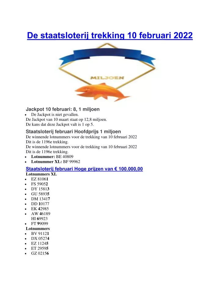 de staatsloterij trekking 10 februari 2022