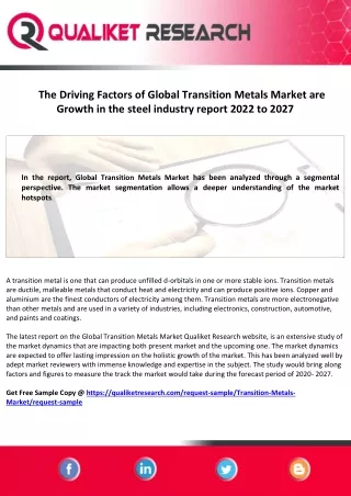 Growth Driving Factors of Global Transition Metals Market report 2022 to 2027