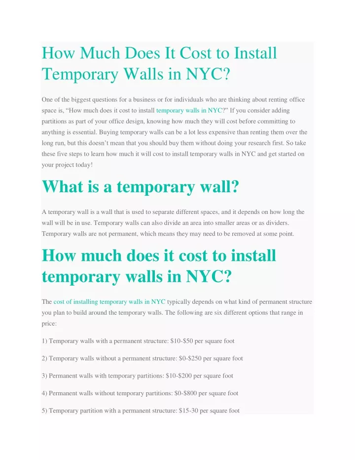 how much does it cost to install temporary walls