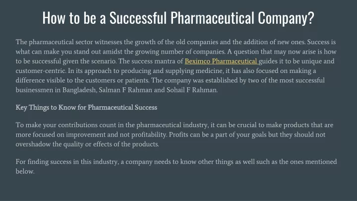 how to be a successful pharmaceutical company