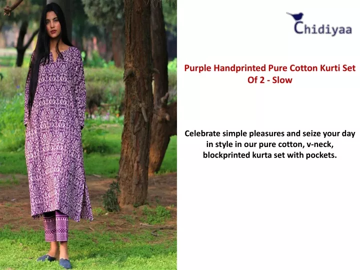 purple handprinted pure cotton kurti set of 2 slow