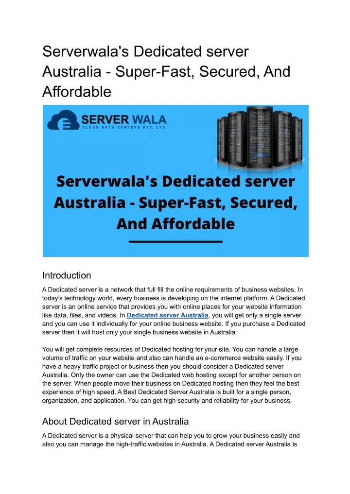 serverwala s dedicated server australia super