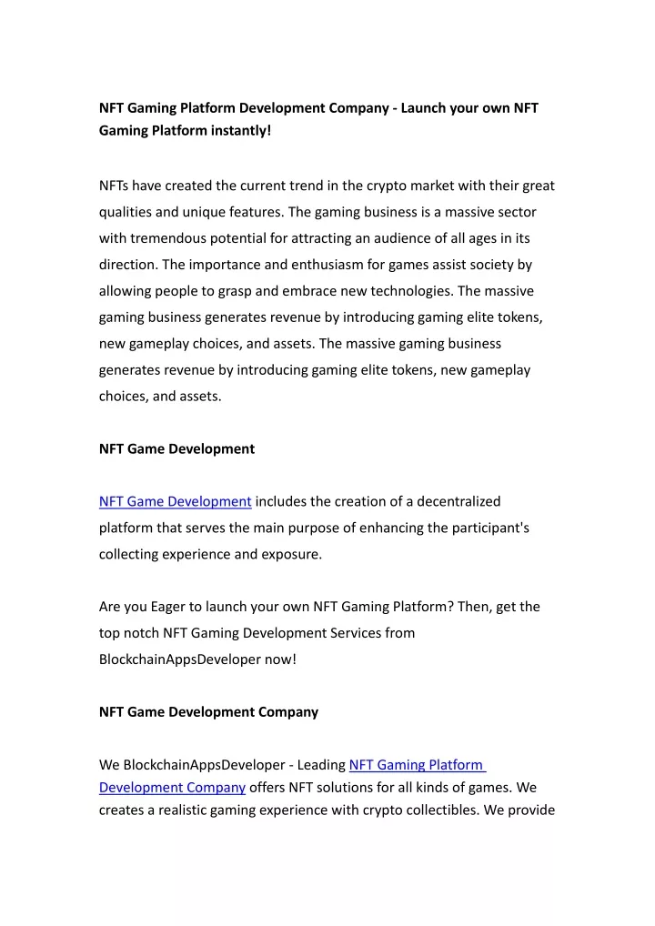 nft gaming platform development company launch