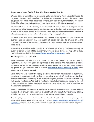 importance of power quality how vajra transpower