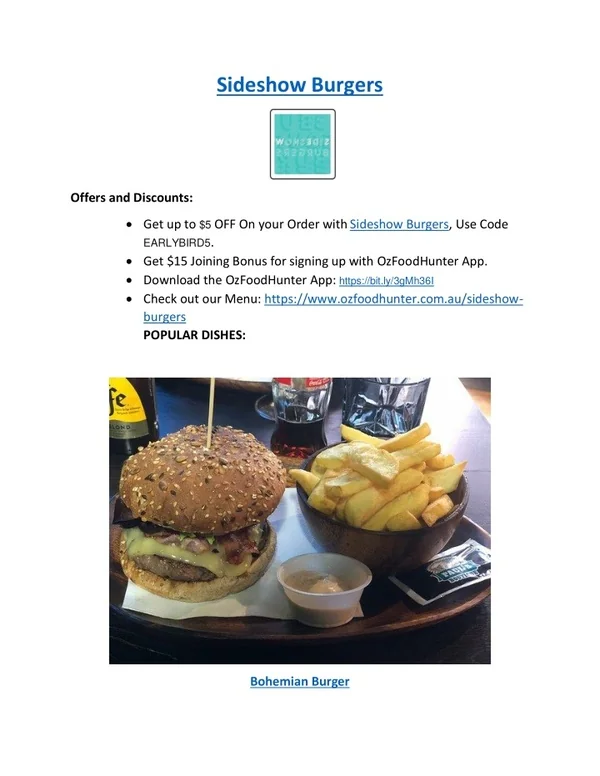 5% Off - Sideshow Burgers Rosanna Takeaway Menu, VIC