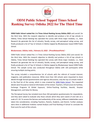 ODM Public School Topped Times School Ranking Survey Odisha 2022 for The Third Time