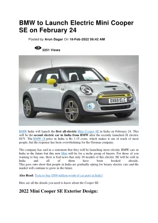 BMW to Launch Electric Mini Cooper SE on February 24