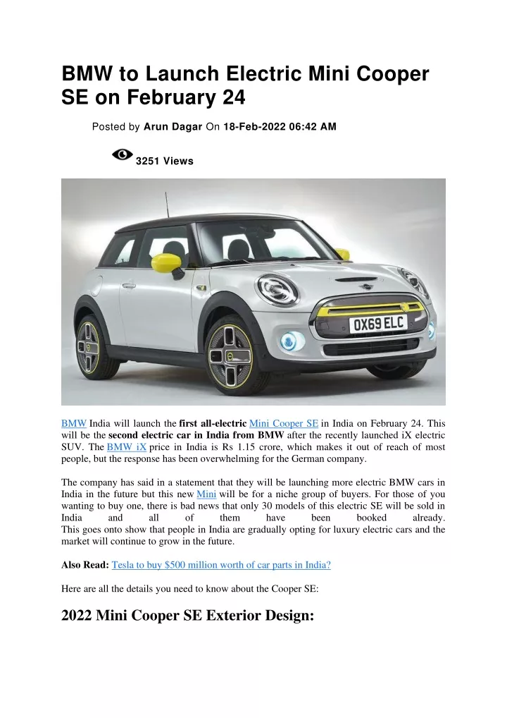 bmw to launch electric mini cooper se on february
