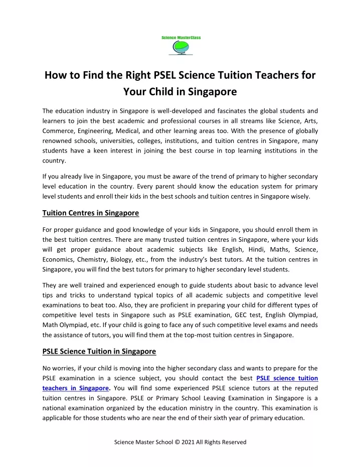 how to find the right psel science tuition