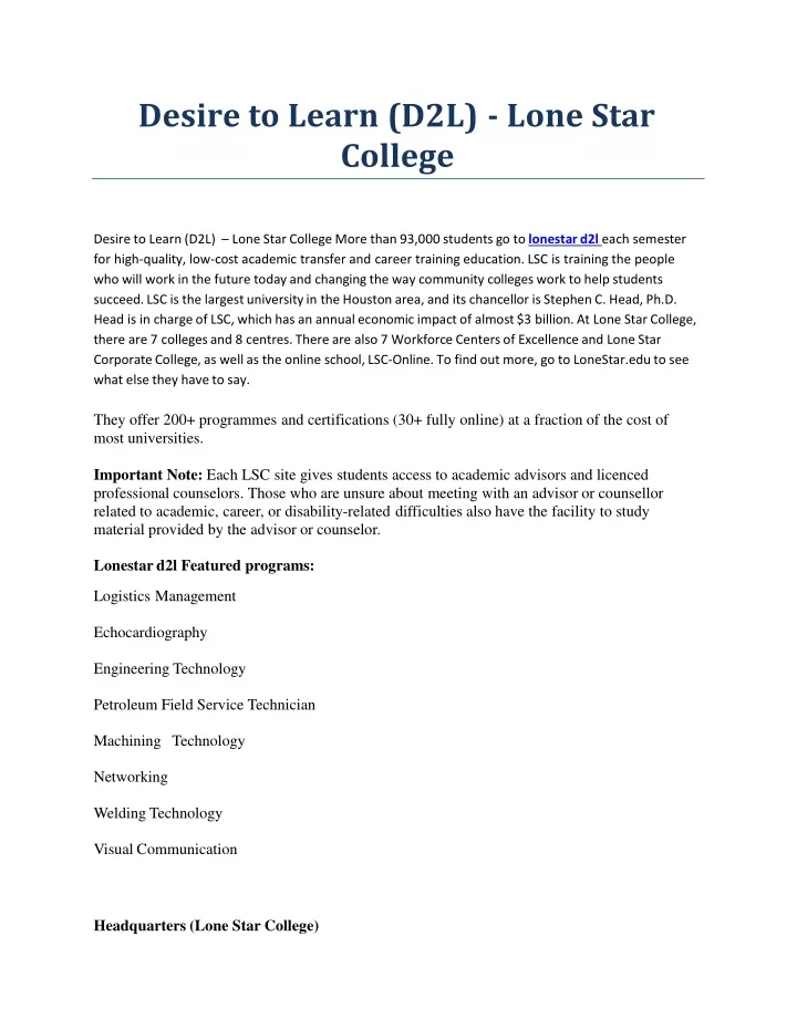 desire to learn d2l lone star college