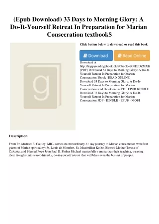 (Epub Download) 33 Days to Morning Glory A Do-It-Yourself Retreat In Preparation