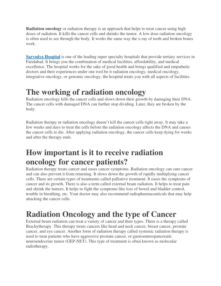 radiation oncology or radiation therapy