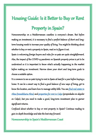 Housing Guide: Is it Better to Buy or Rent Property in Spain?