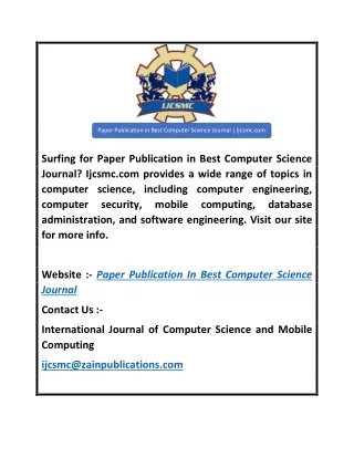 Paper Publication in Best Computer Science Journal  Ijcsmc.com