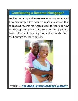 Reputable Reverse Mortgage Company Reversemortgagelive.com