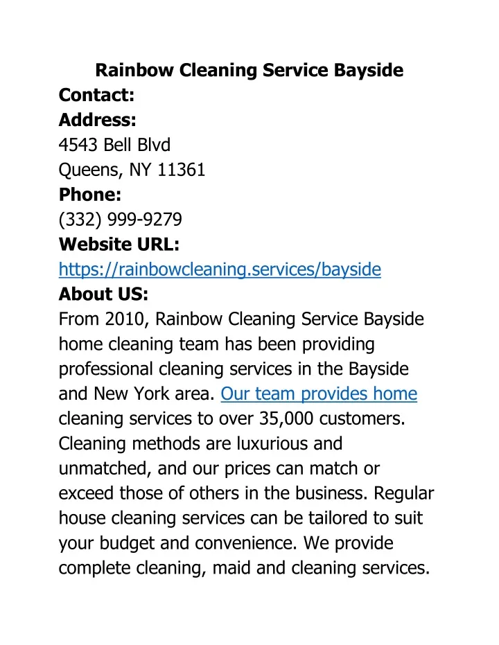 rainbow cleaning service bayside contact address