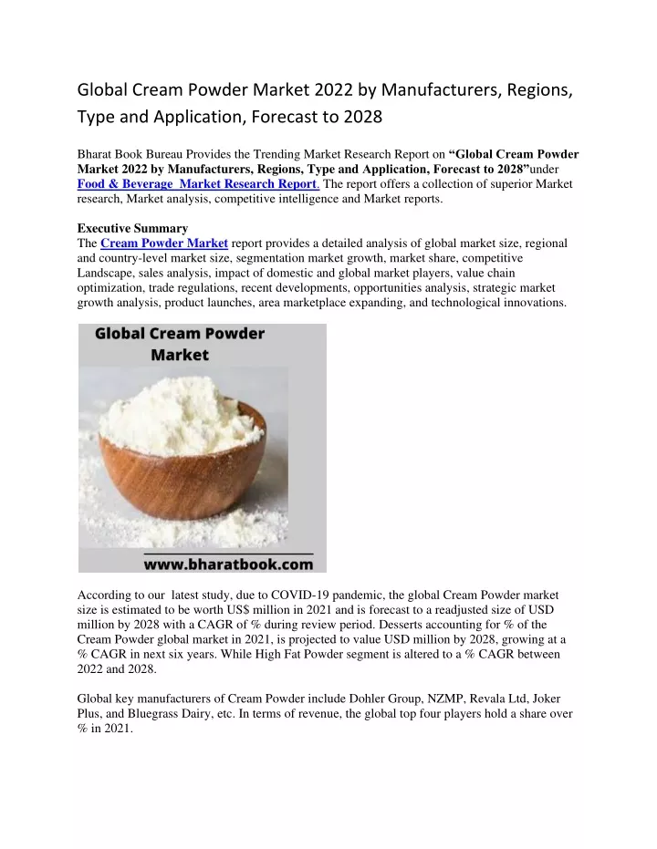 global cream powder market 2022 by manufacturers