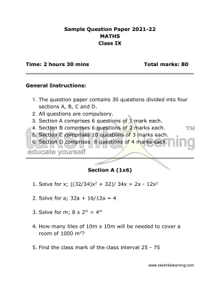 sample question paper 2021 22 maths class ix