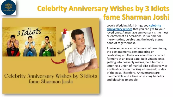 celebrity anniversary wishes by 3 idiots fame sharman joshi