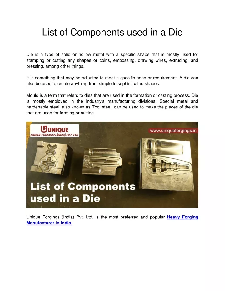 list of components used in a die