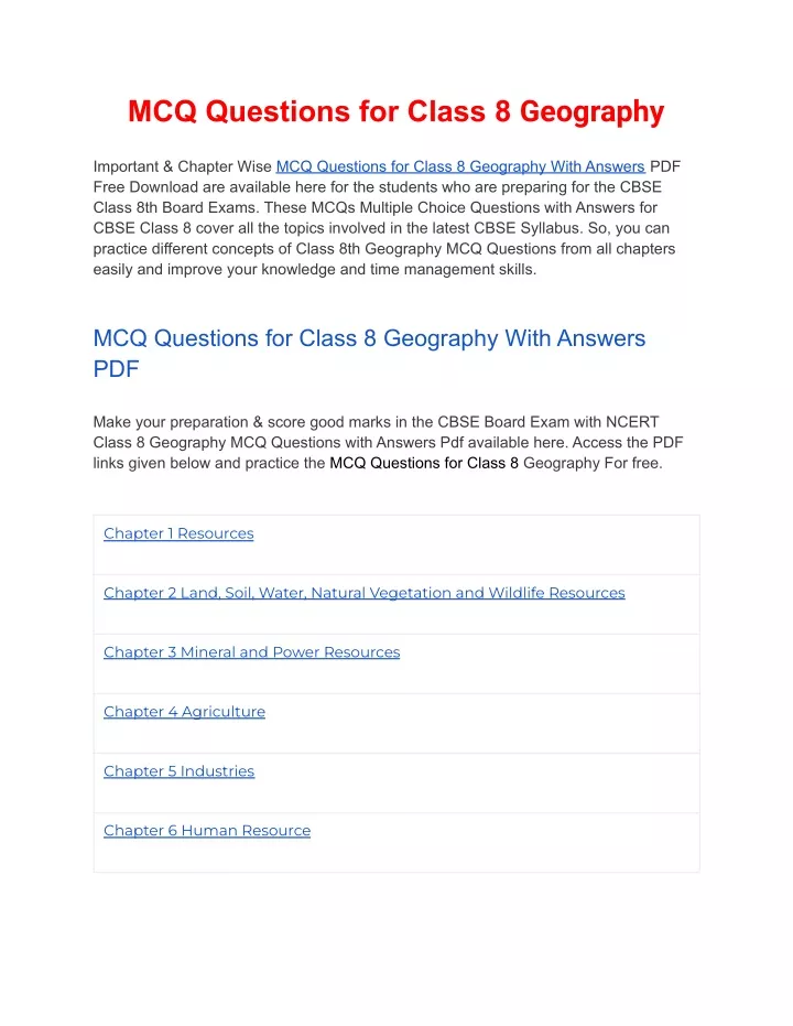 mcq questions for class 8 geography