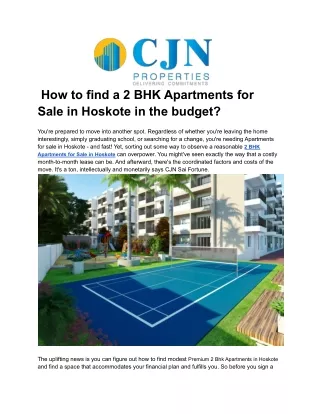 How to find a 2 BHK Apartments for Sale in Hoskote in the budget