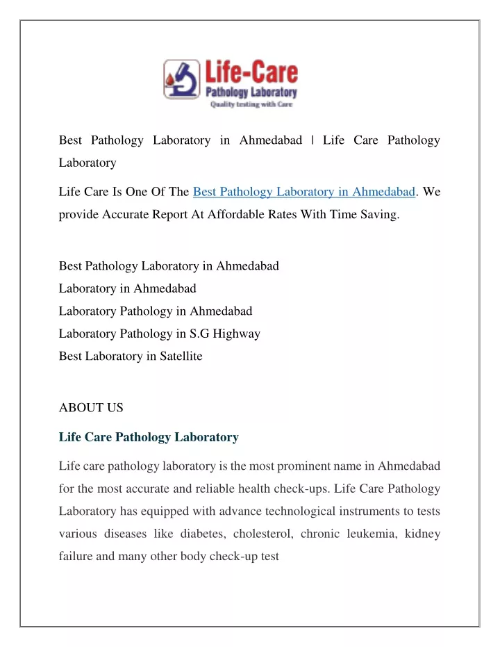 best pathology laboratory in ahmedabad life care