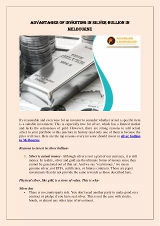 Advantages Of Investing In Silver Bullion In Melbourne