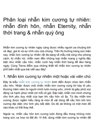 Phân loại nhẫn kim cương tự nhiên: nhẫn đính hôn, nhẫn Eternity, nhẫn thời trang