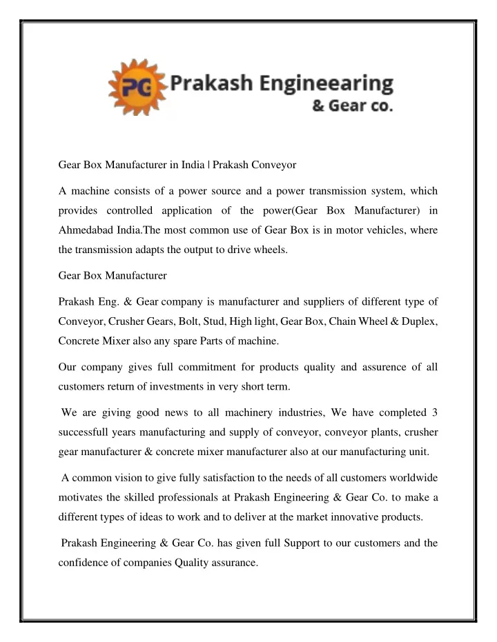 gear box manufacturer in india prakash conveyor