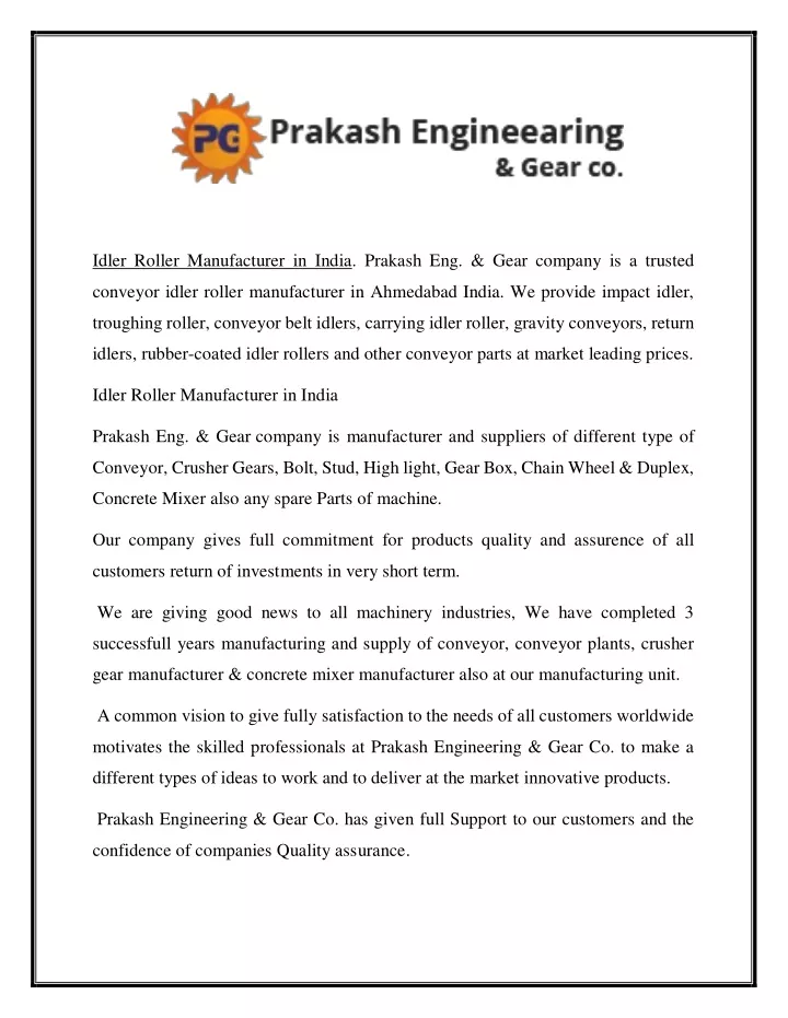 idler roller manufacturer in india prakash