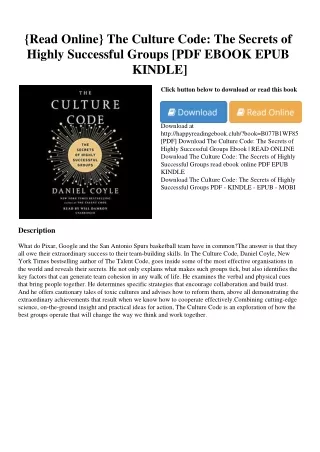 {Read Online} The Culture Code The Secrets of Highly Successful Groups [PDF EBOO