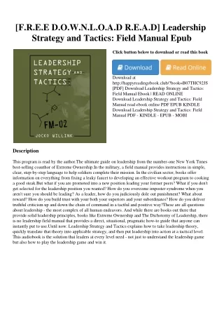 [F.R.E.E D.O.W.N.L.O.A.D R.E.A.D] Leadership Strategy and Tactics Field Manual E