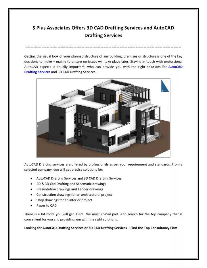 s plus associates offers 3d cad drafting services