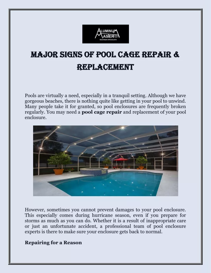 major signs of pool cage repair major signs