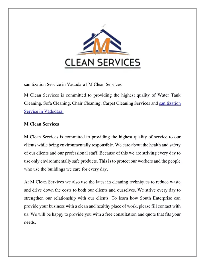 sanitization service in vadodara m clean services