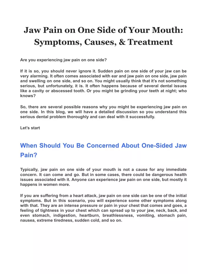 jaw pain on one side of your mouth symptoms