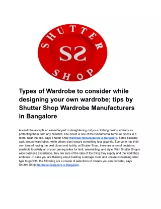 Types of Wardrobe to consider while designing your own wardrobe; tips by Shutter Shop Wardrobe Manufacturers in Bangalor