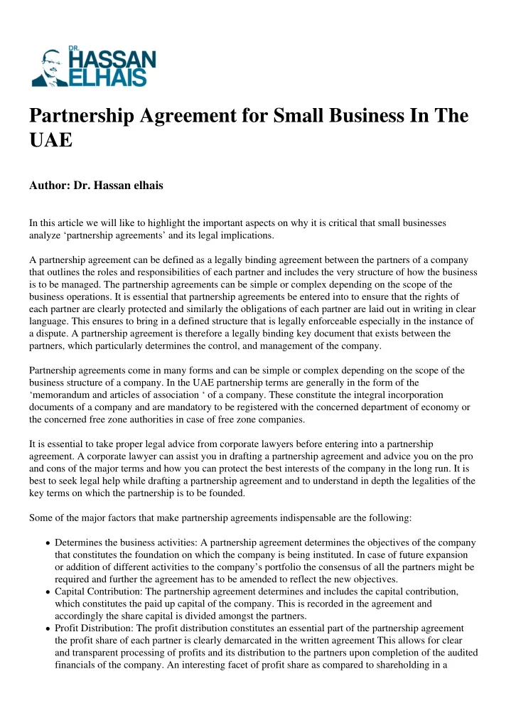 partnership agreement for small business