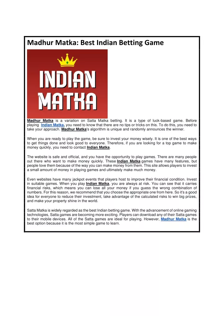 madhur matka best indian betting game