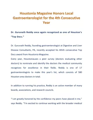 Houstonia Magazine Honors Gastroenterologist  Dr. Gurunath Reddy