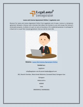 Leave and License Agreement Online Legalaster