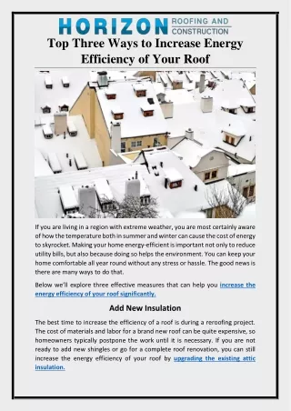 Top Three Ways to Increase Energy Efficiency of Your Roof