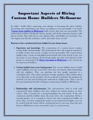 Important Aspects of Hiring Custom Home Builders Melbourne